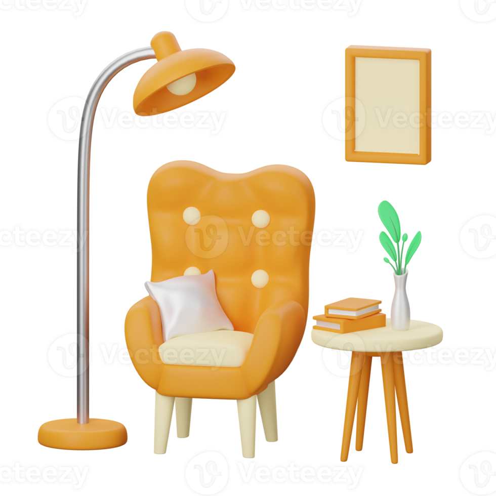 A small orange chair, lamp and table png