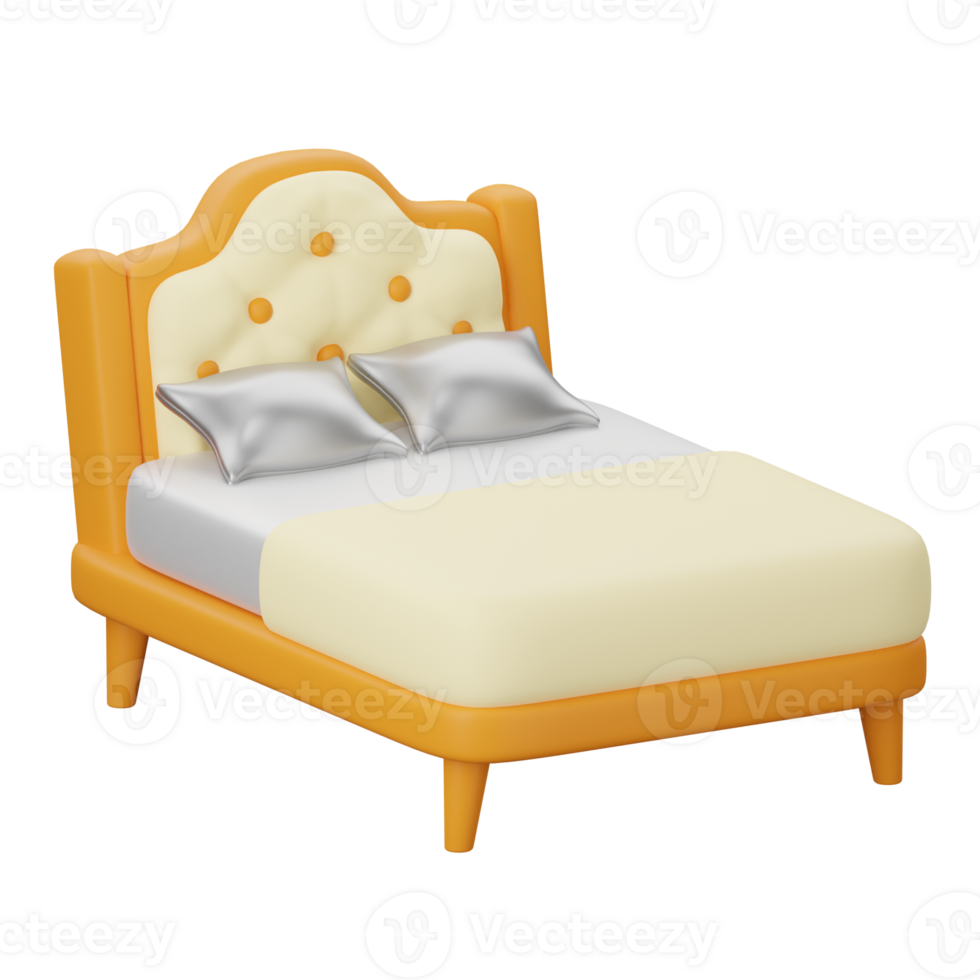A bed with pillows and a yellow headboard png