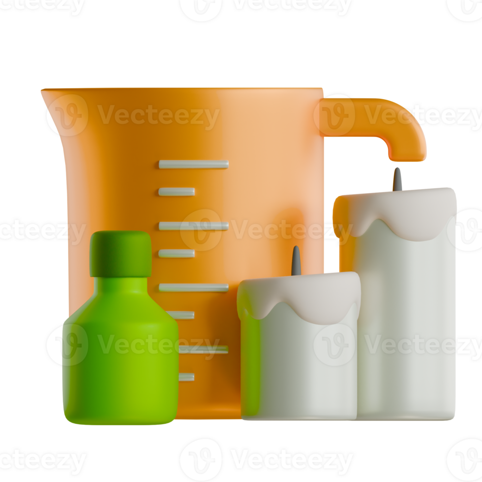 A measuring cup, a candle and a bottle png