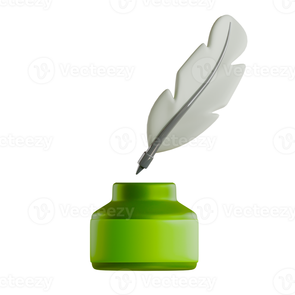 A green inkwell with a feather pen on top png