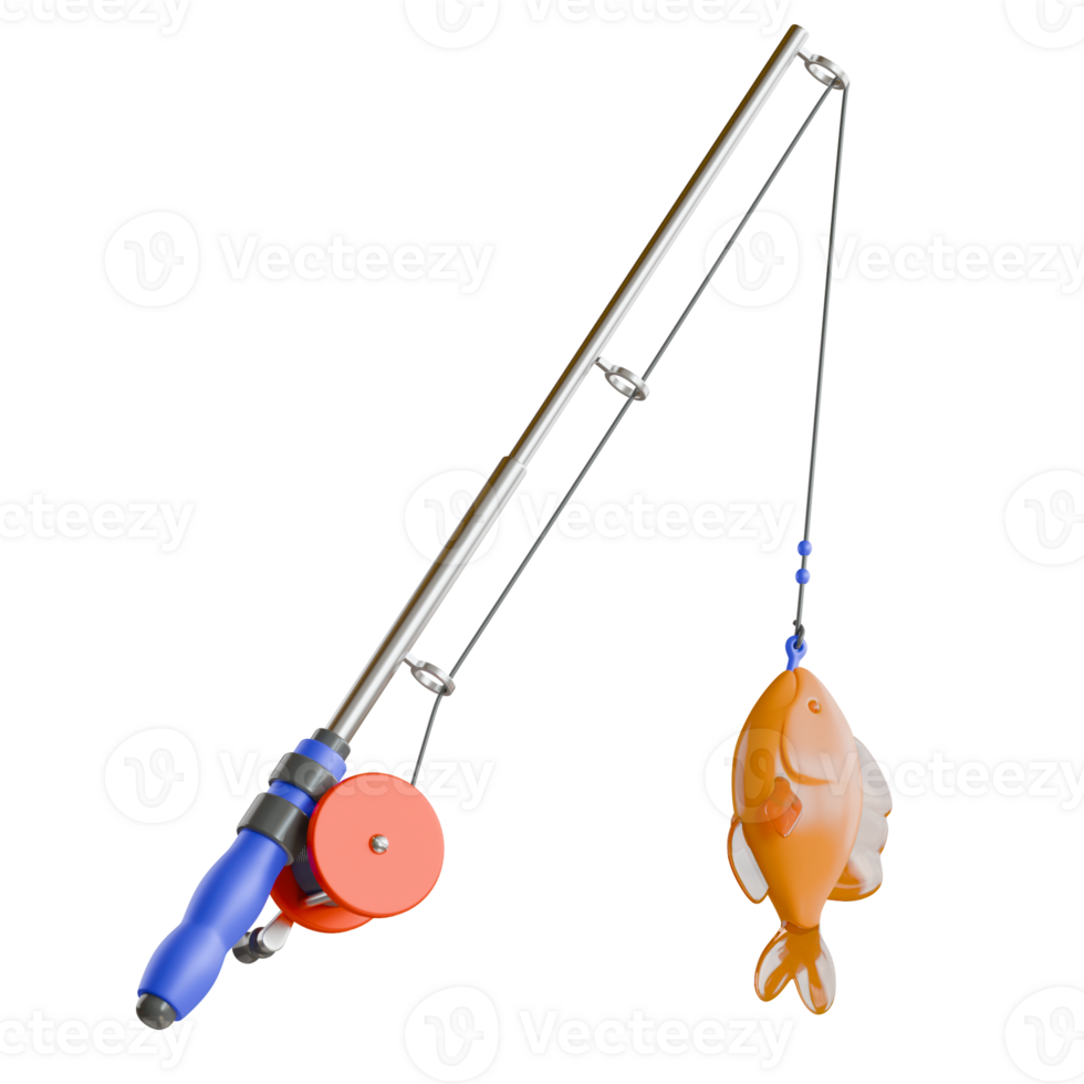 Fishing rod and reel with a fish on a hook png