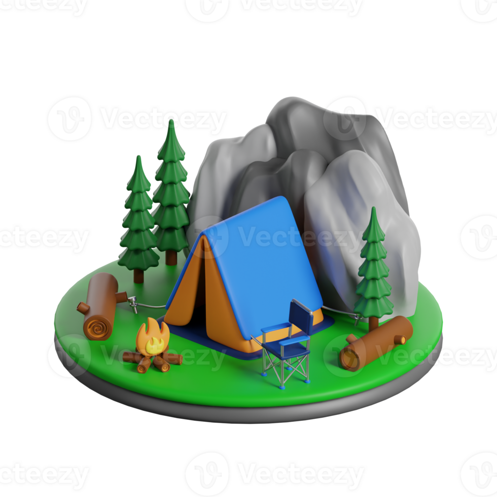 A camping tent and campfire are on a green island png