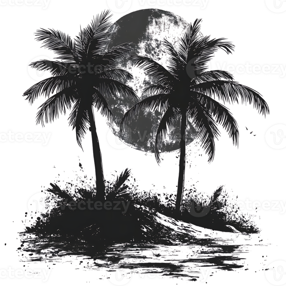 Palm Trees Silhouetted Against Moon, Ocean Waves, Transparent Background png