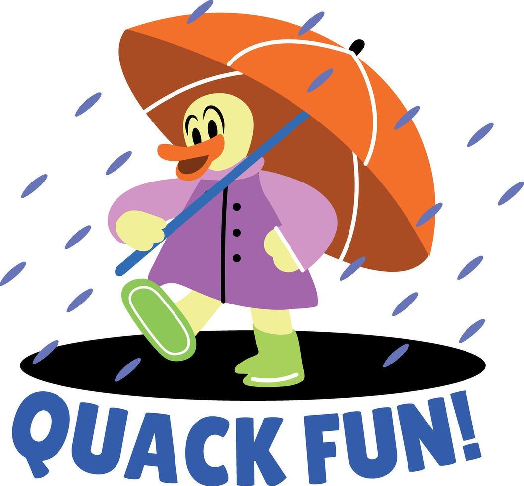 Flat sticker of a duck enjoying rain with quack fun typography vector