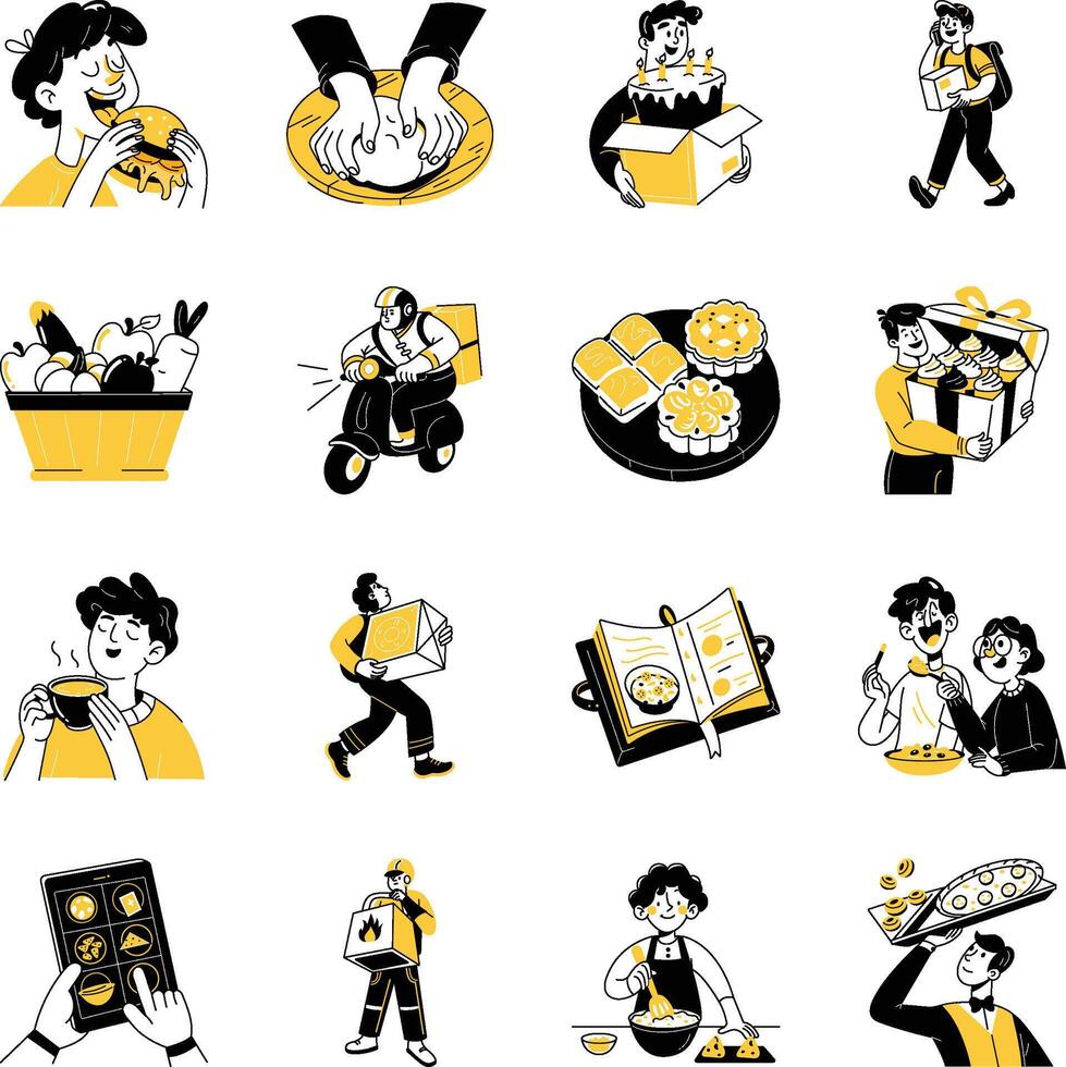 Set of 16 Hand Drawn Food and Delivery Illustrations vector