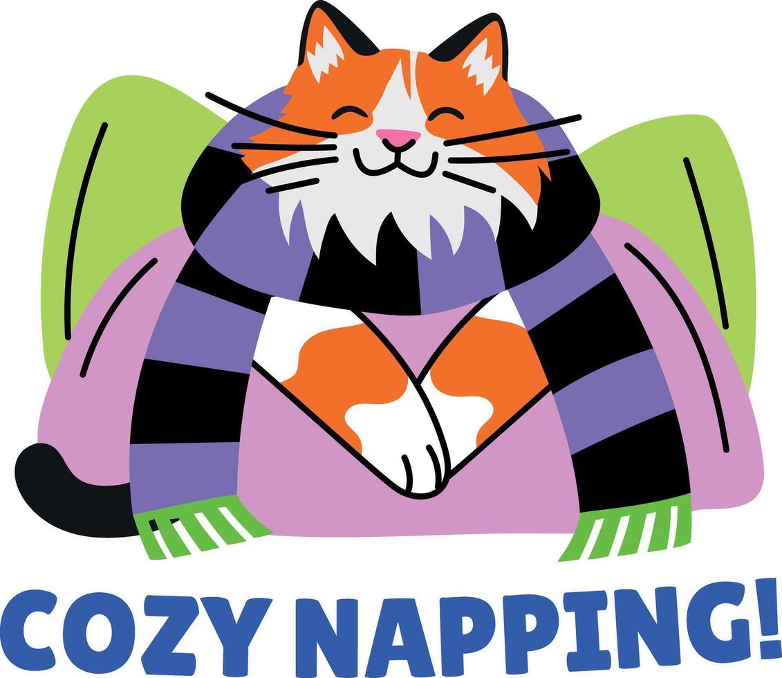 A flat style sticker of a cat with cozy napping typography vector