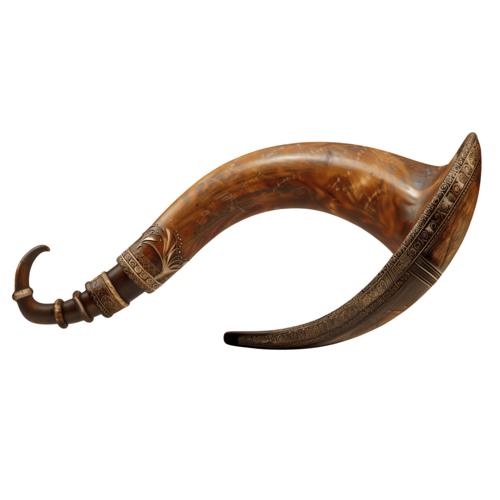 Curved drinking horn with intricate engravings png