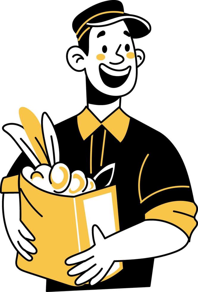Happy delivery boy carrying groceries bag, hand drawn illustration vector