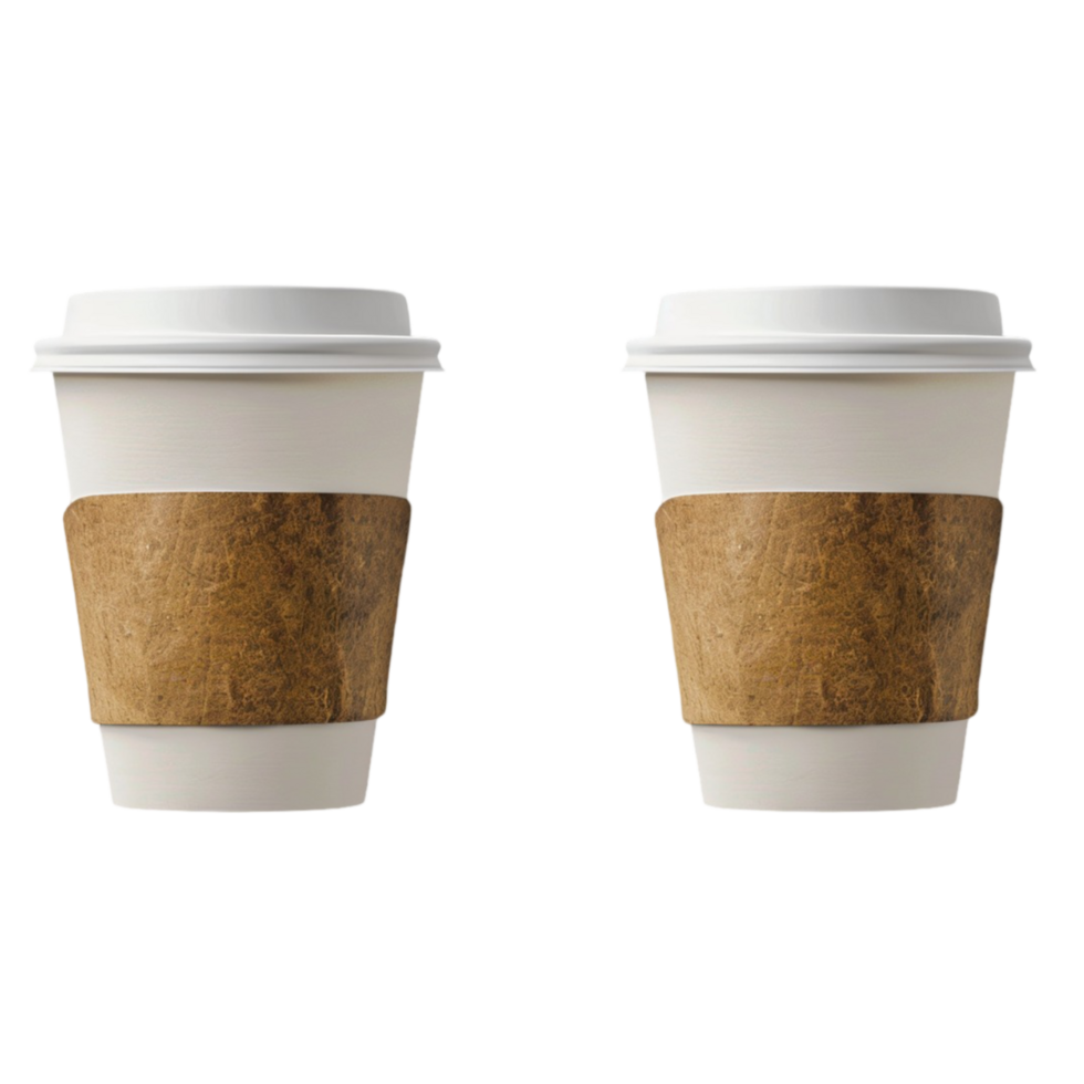 Pair of Disposable Coffee Cups with Brown Sleeves png