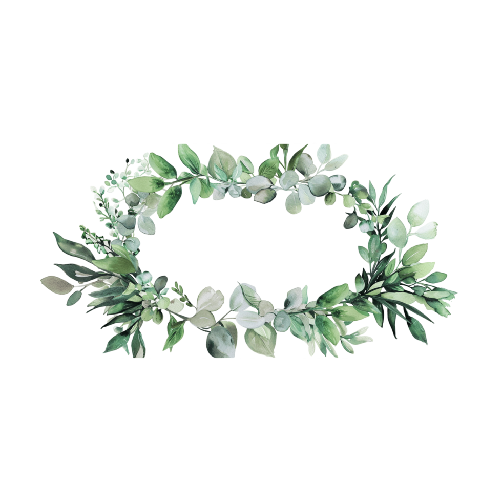 Oval watercolor wreath with green leaves and light branches png