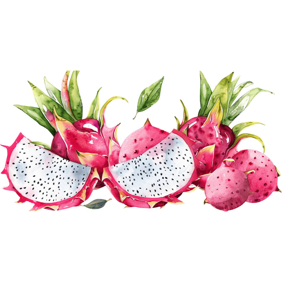 Watercolor illustration of vibrant pink dragon fruit png