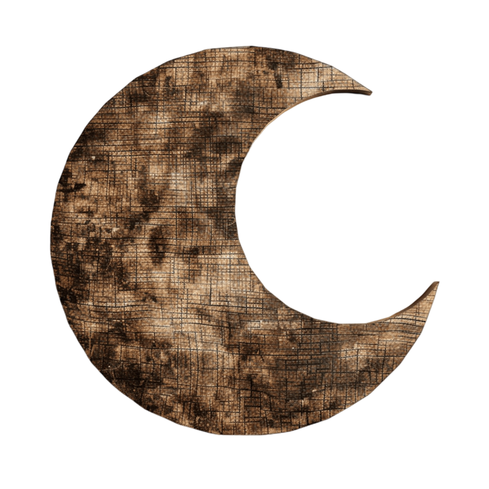 Weathered wooden crescent moon with rustic texture png