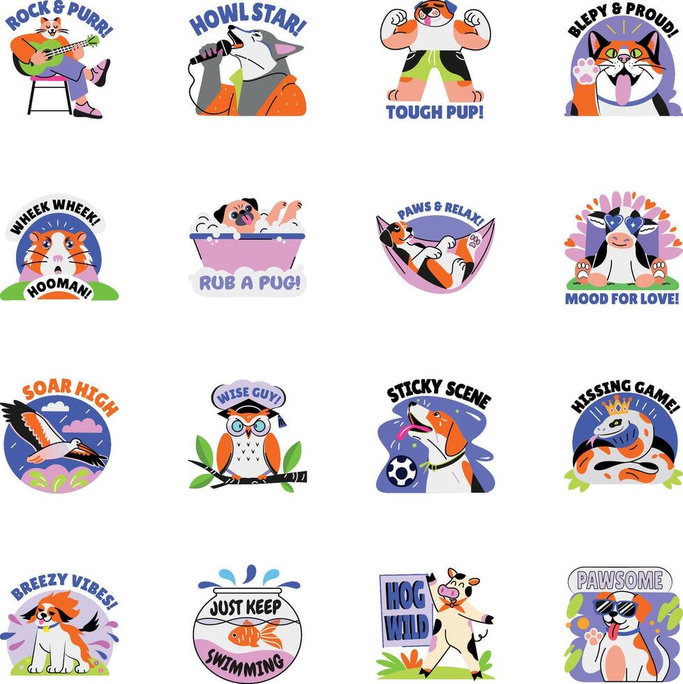 Bundle of Flat Style Animal Stickers vector