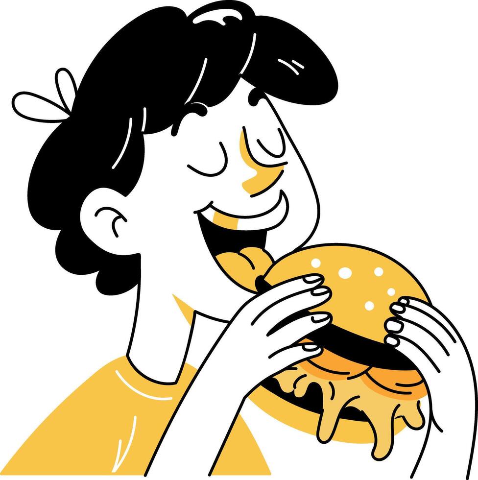 A doodle style illustration of a character eating burger vector