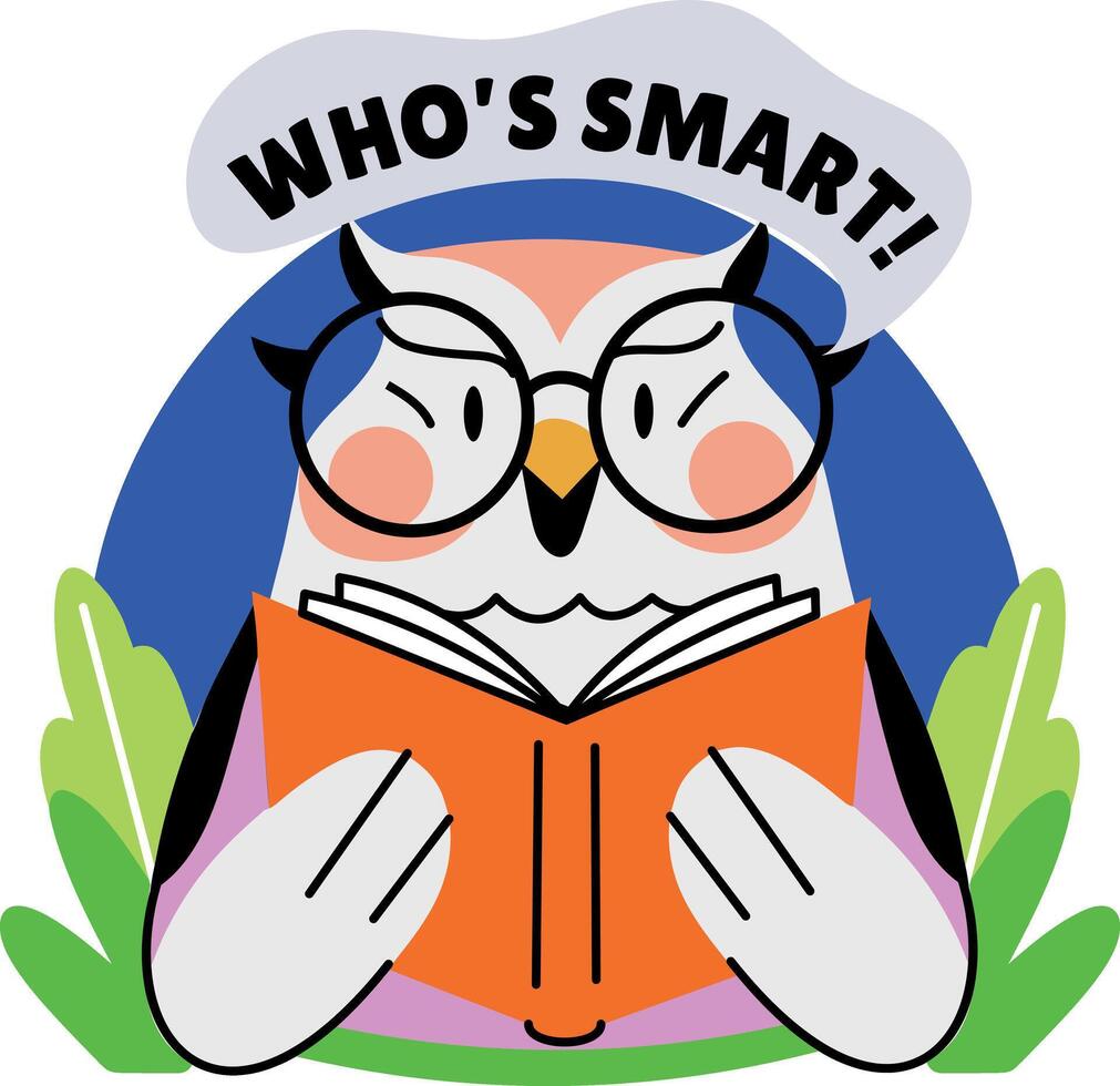 Flat sticker of an owl reading a book with whos smart typography vector