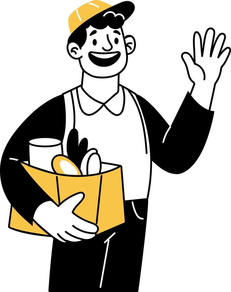 Waving delivery boy holding a groceries bag, doodle illustration vector