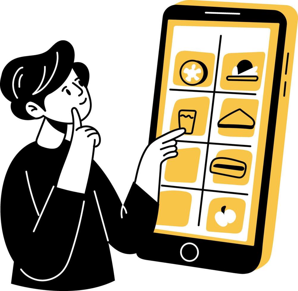 Character choosing dishes from a food app, doodle illustration vector