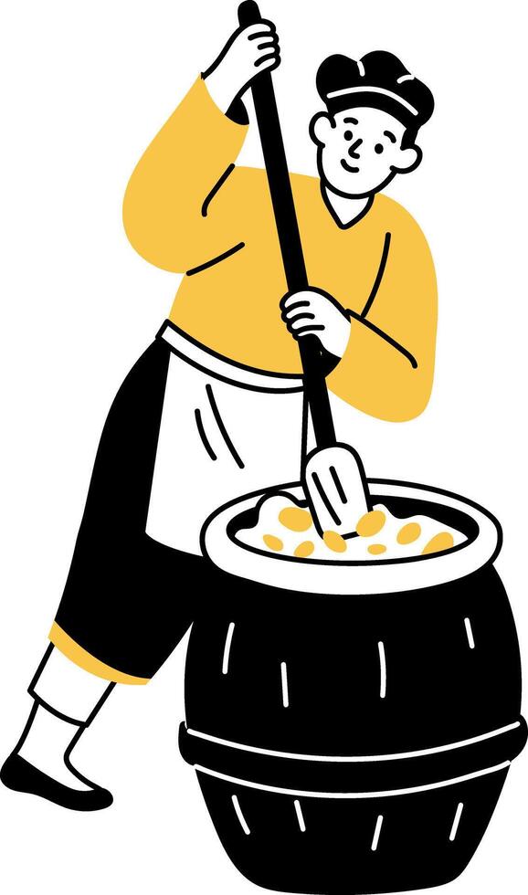 Man mixing kimchi with a big spoon in barrel, hand drawn illustration vector