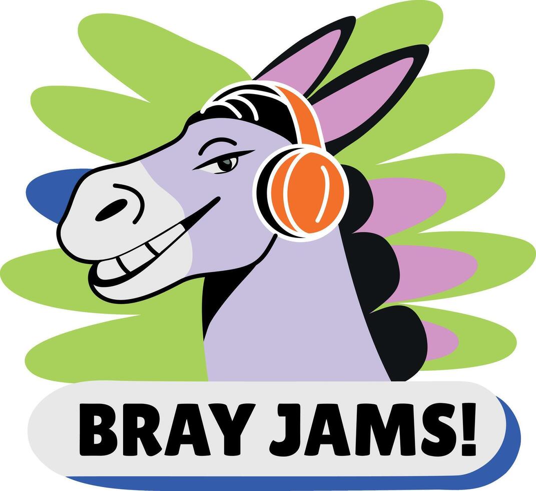 A flat style sticker of a donkey enjoying music with bray jams typography vector