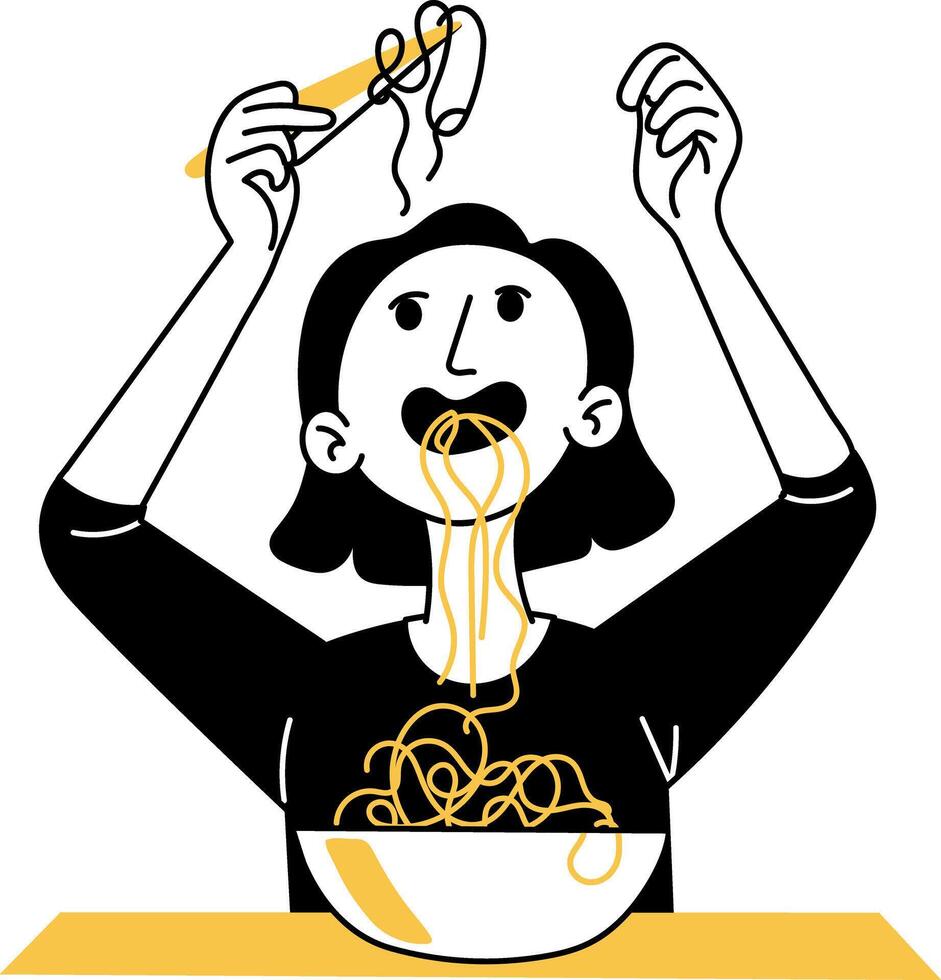 Doodle illustration of a messy eater enjoying noodles vector