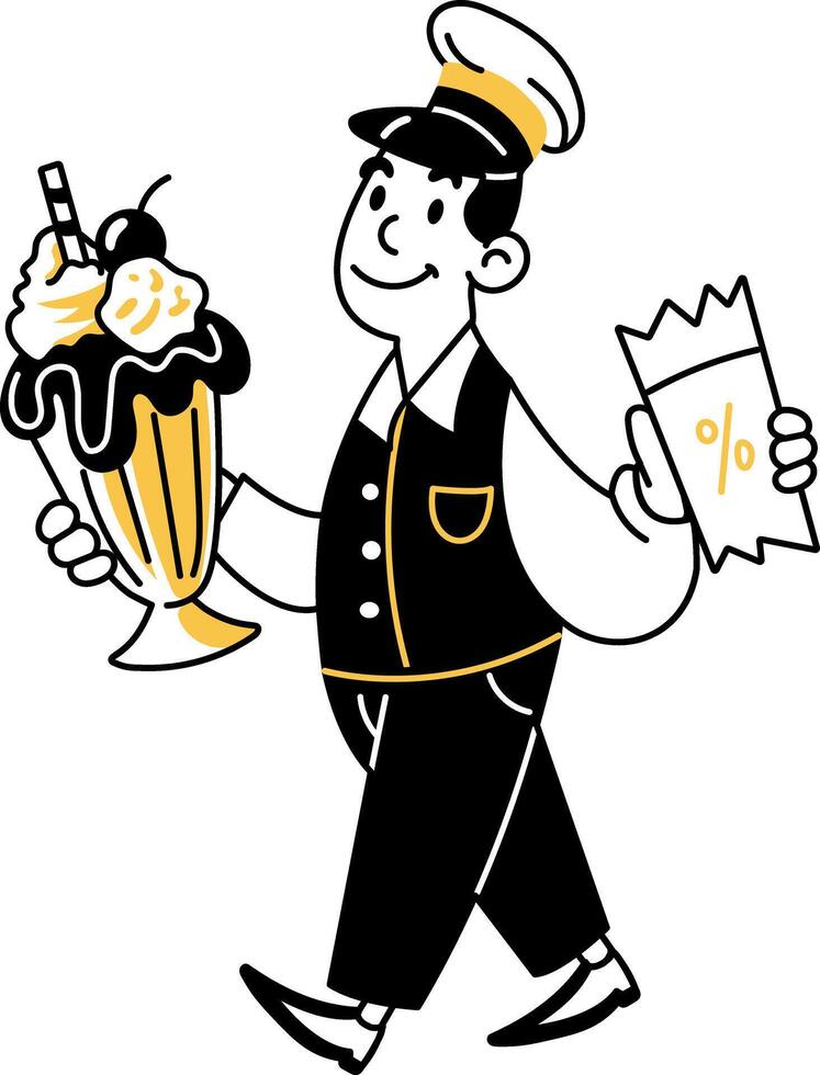 Character doing sweet delivery with a discount voucher, doodle illustration vector