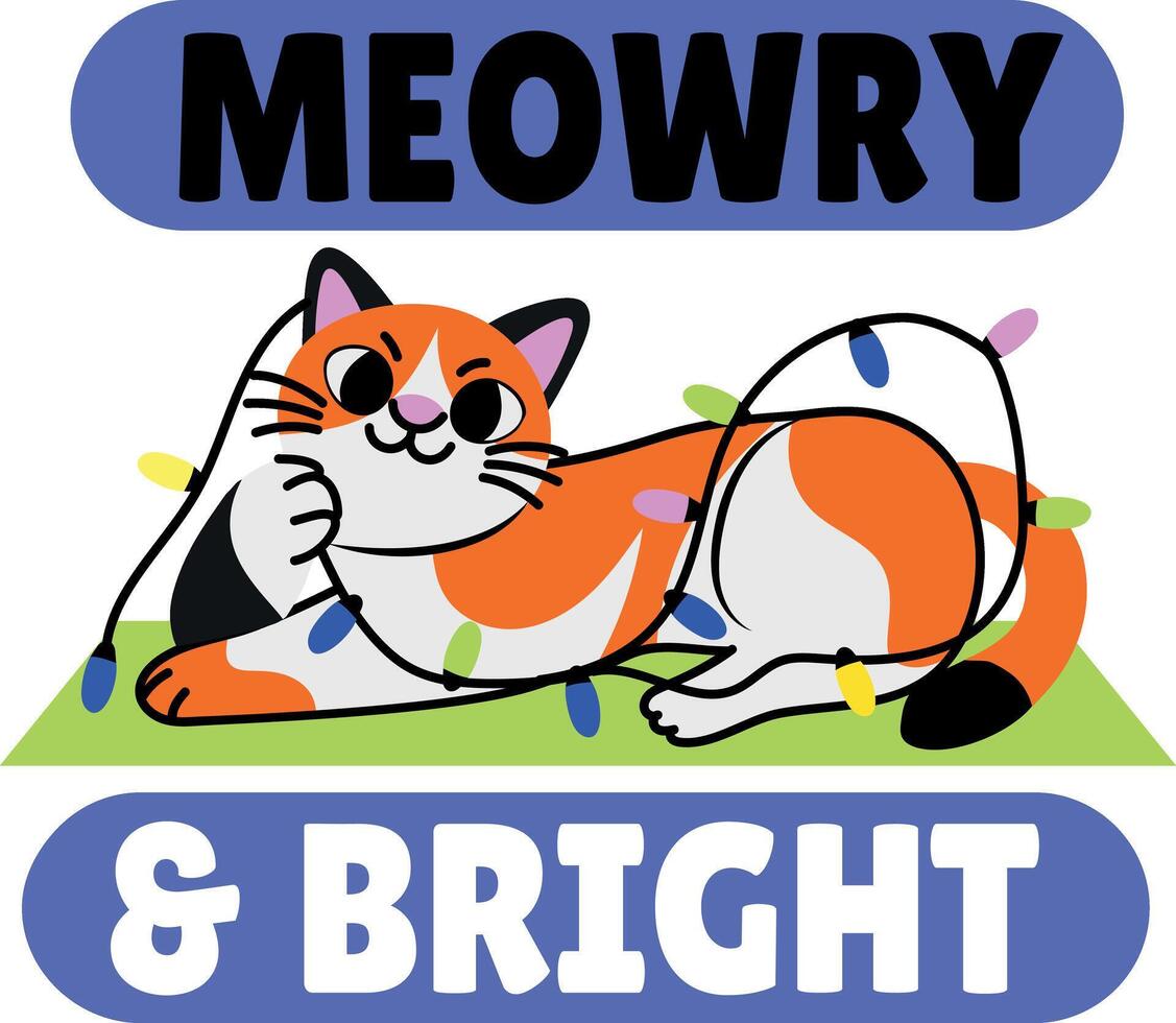 Flat style sticker of playing cat with meowry and bright typography vector