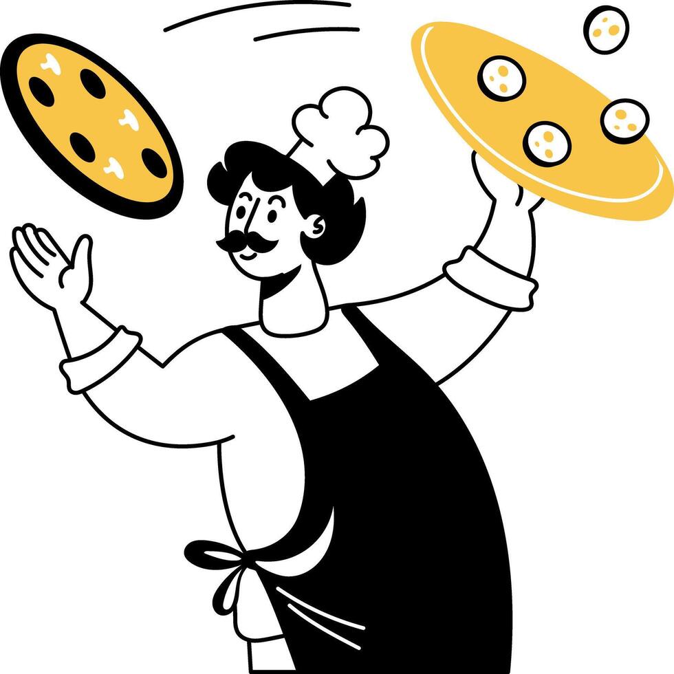 Hand drawn character illustration of a chef tossing pizza doughs vector