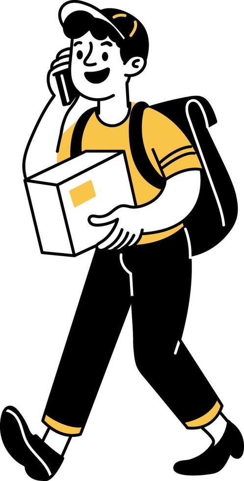 Courier boy calling on mobile, doodle character illustration vector