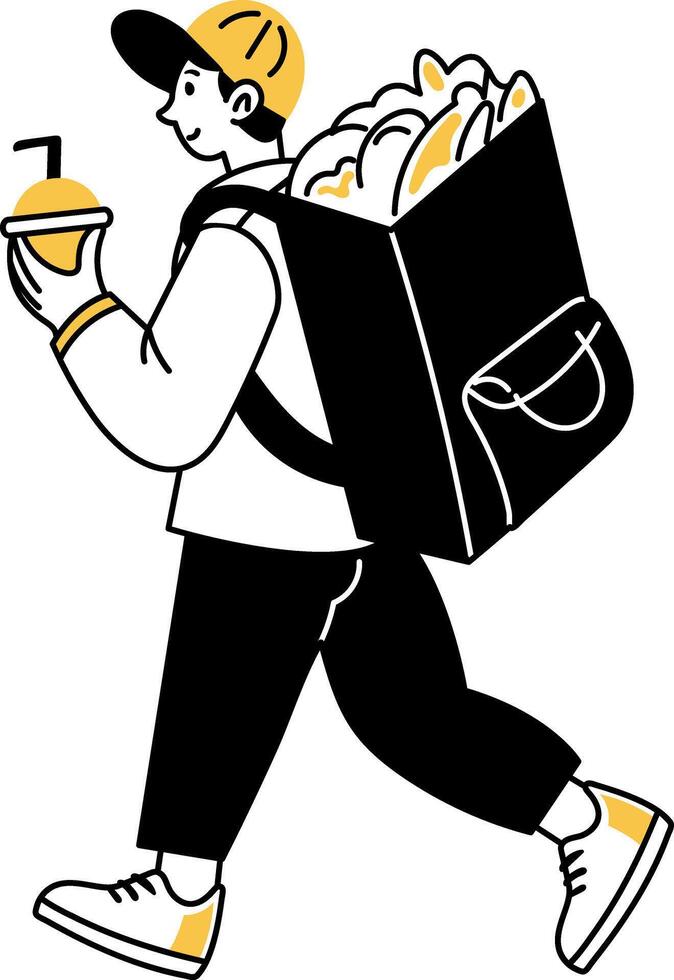 Meal delivery character with a takeout bag, doodle illustration vector