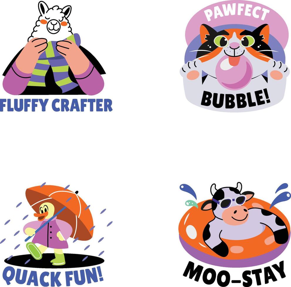 Pack of Flat Style Cute Companions Stickers vector