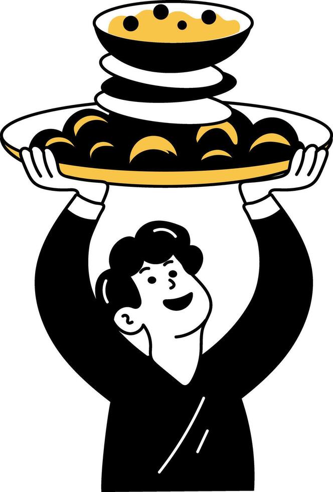 Character balancing plates over head, doodle illustration vector