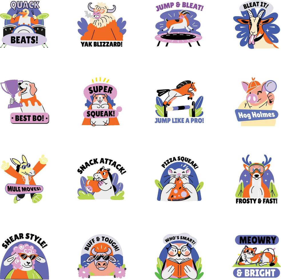 Collection of Pet Characters Flat Style Stickers vector