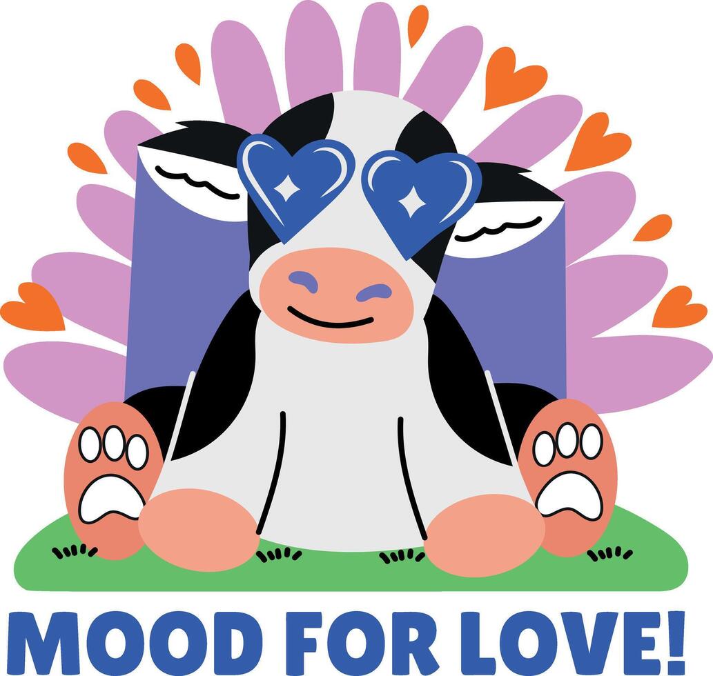 Flat sticker of a lovely cow with mood for love typography vector