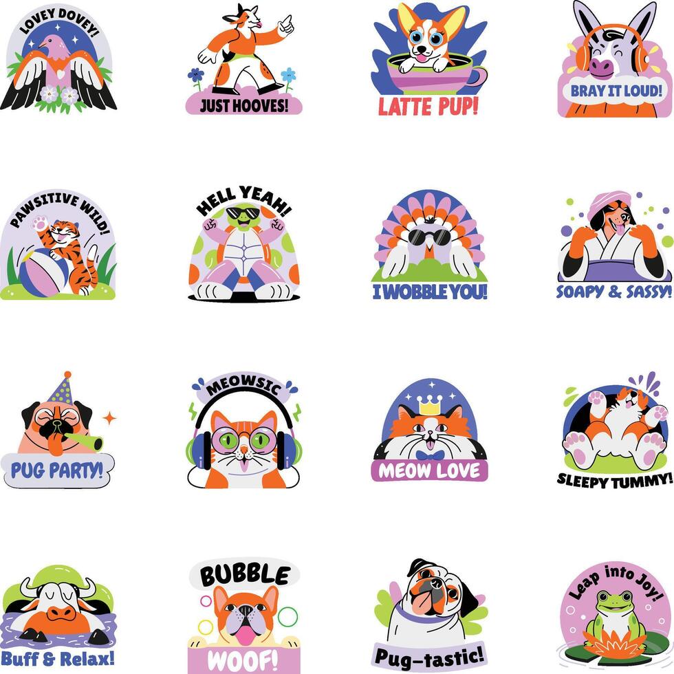 Set of Cute Animals Flat Style Stickers vector