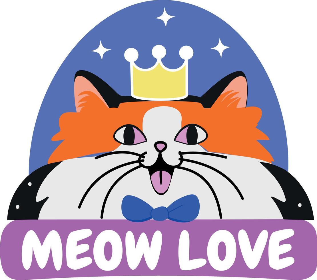 Flat style sticker of a crowned cat with meow love typography vector