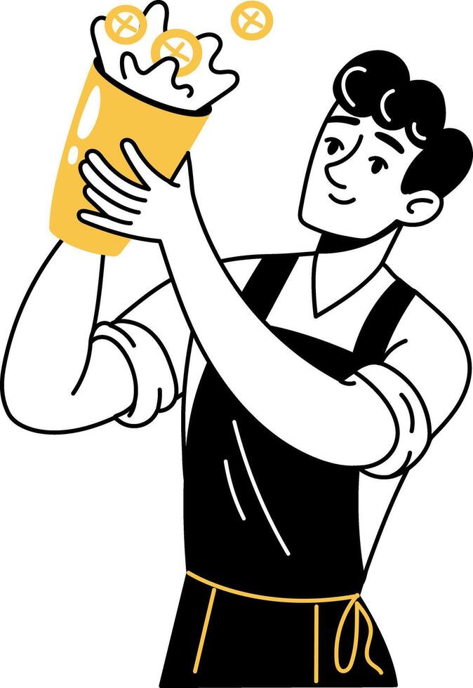 Doodle illustration of a bartender holding cocktail shaker vector