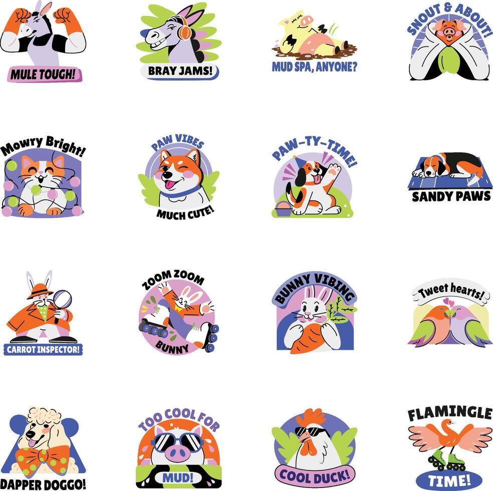 Set of Flat Style Animal Typography Stickers vector