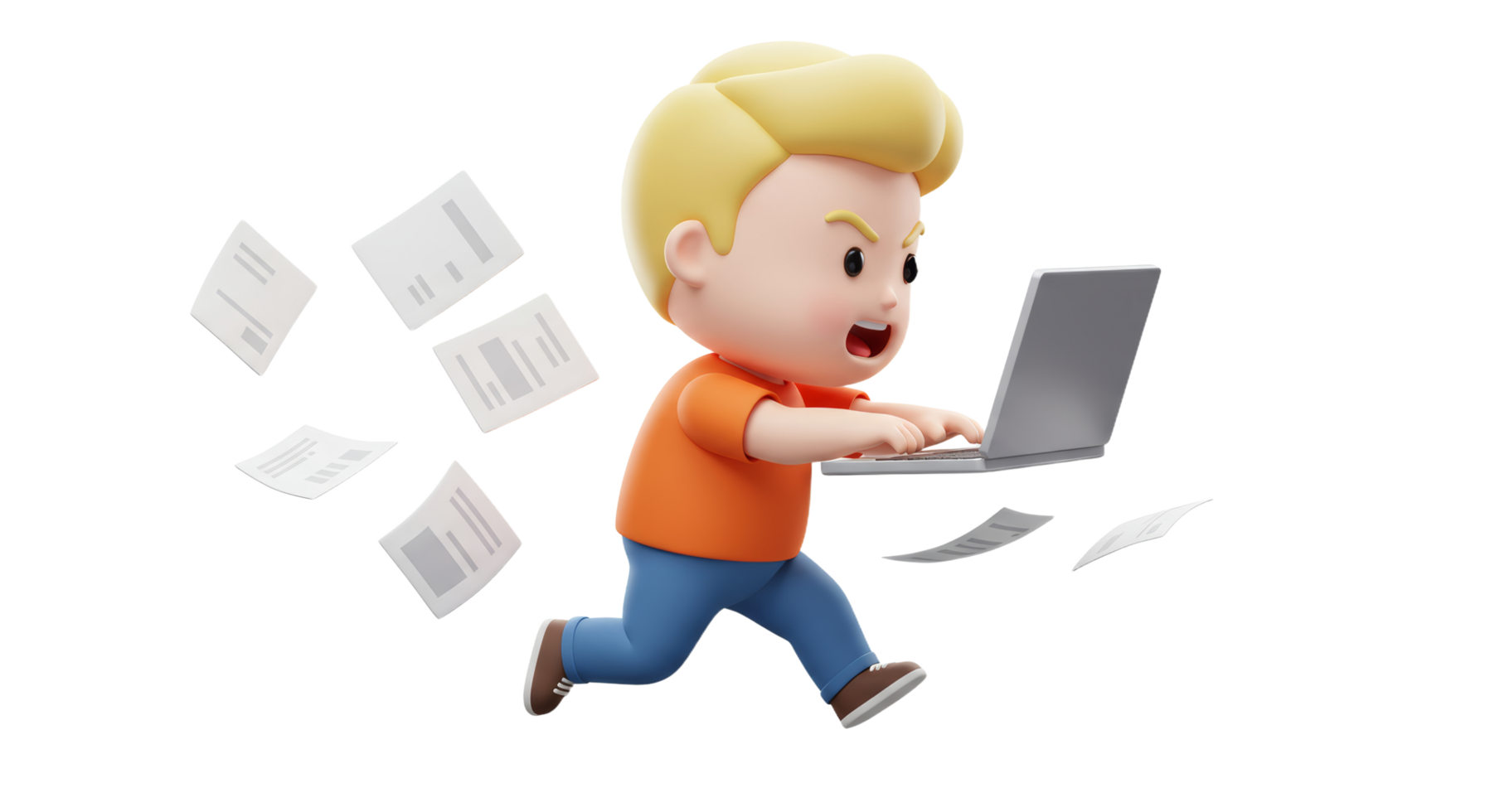 A cartoon boy running with a laptop and papers flying around him png