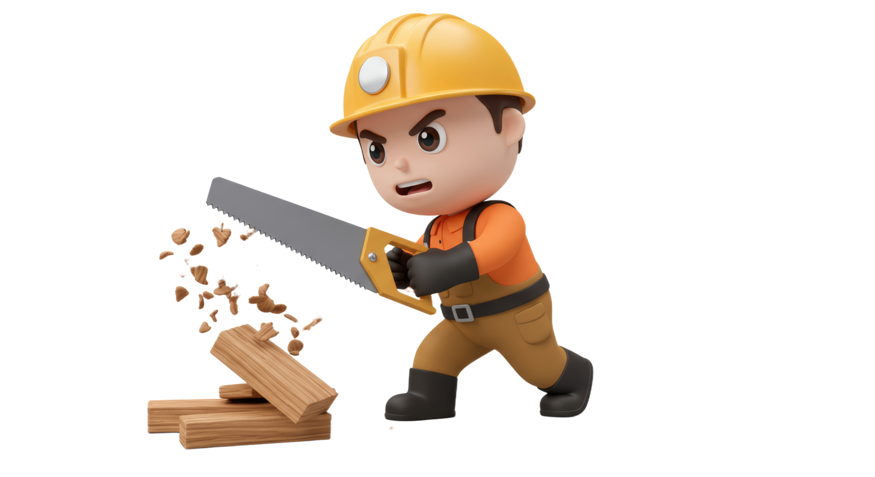 A 3D cartoon character is cutting wood with a saw png