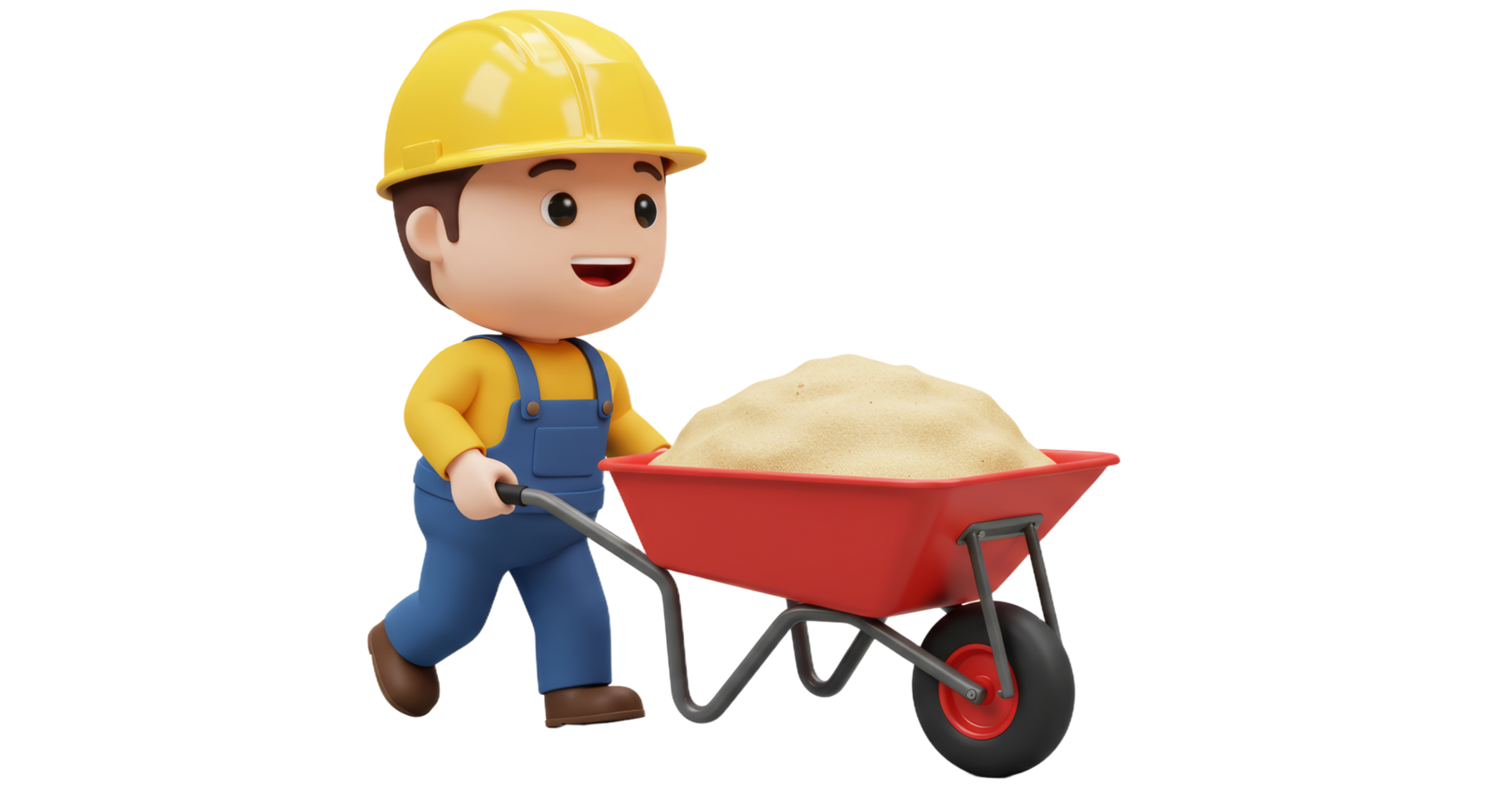 A cartoon worker pushing a wheelbarrow with a load of sand png