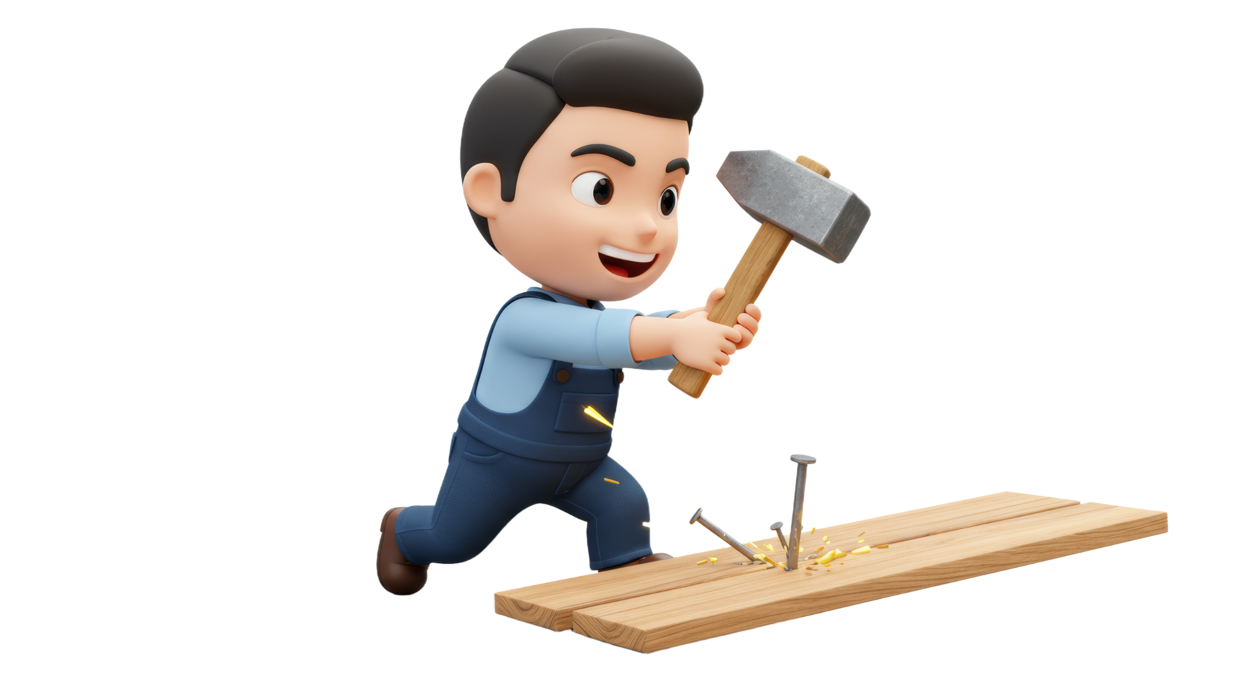 A cartoon man is holding a hammer and working on a wooden plank png