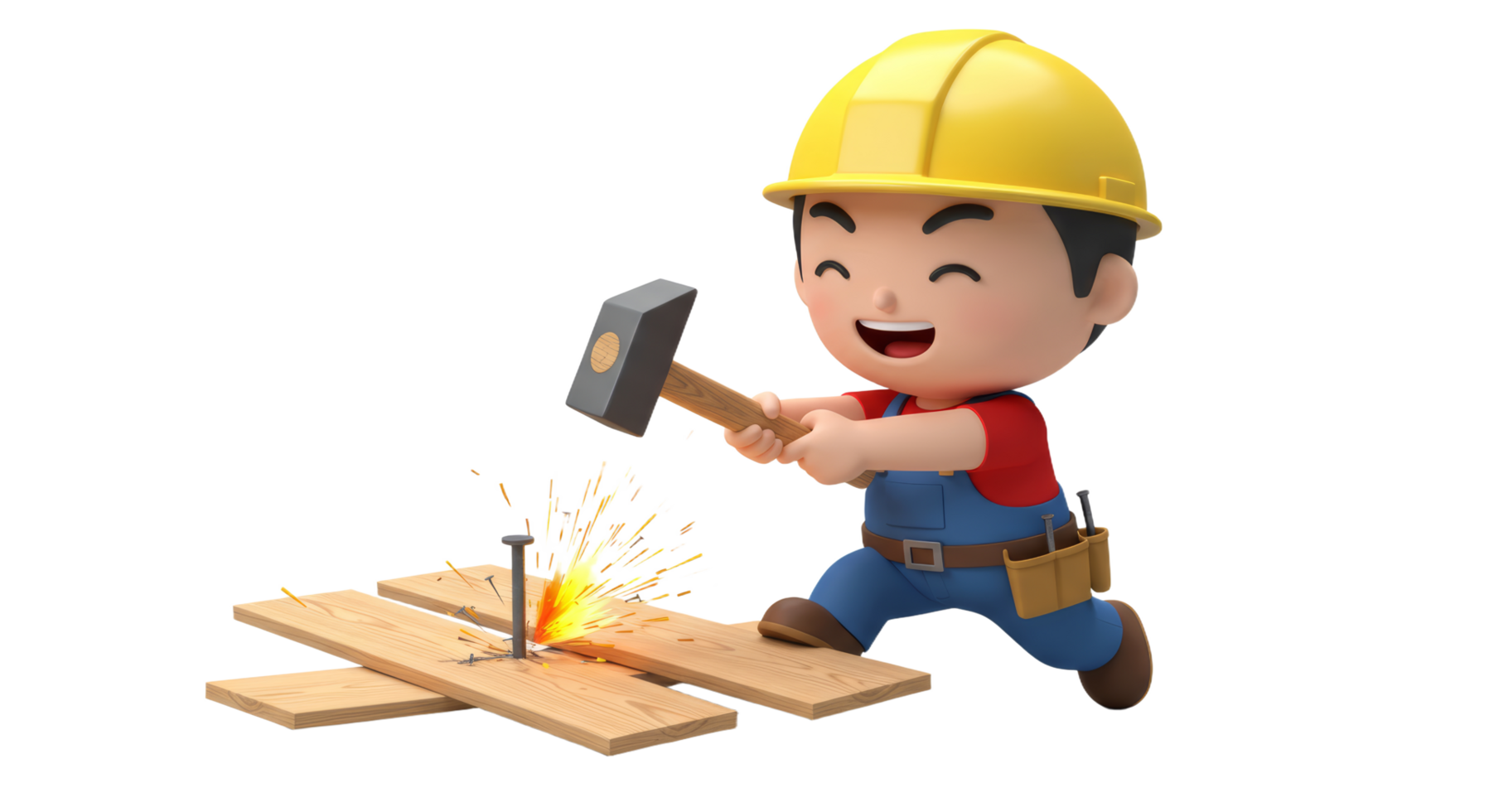 A cartoon construction worker is holding a hammer and cutting wood png
