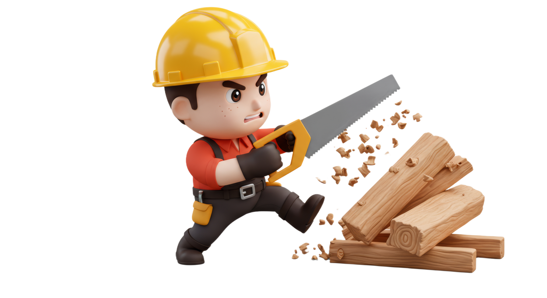 A 3d character worker cutting woods png