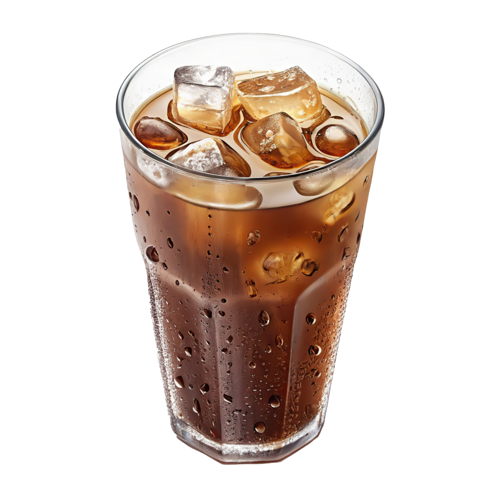 cola in glass with ice cubes on transparent background png