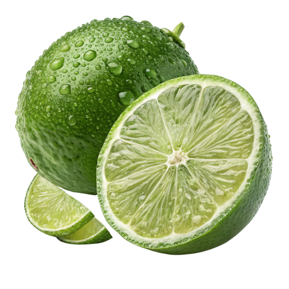 green lime with water droplets on it, isolated on transparent background png