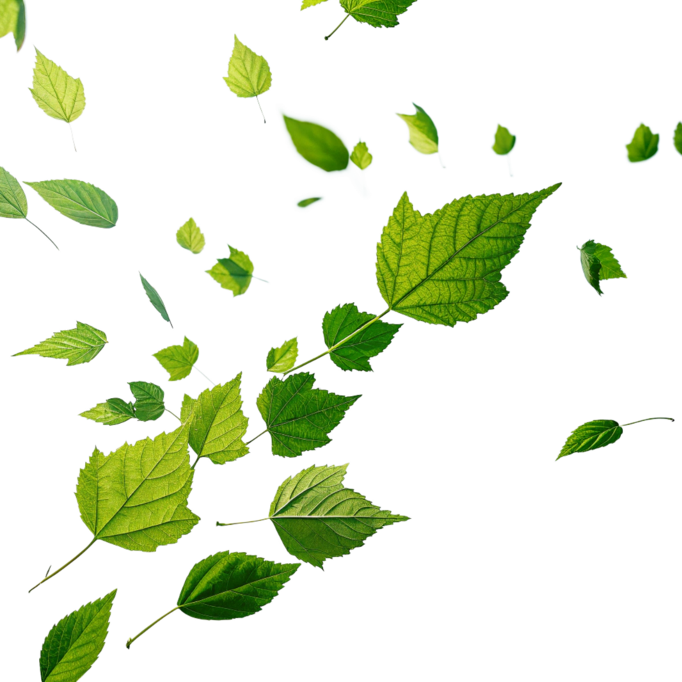green leaves falling from the sky, on a transparent background png