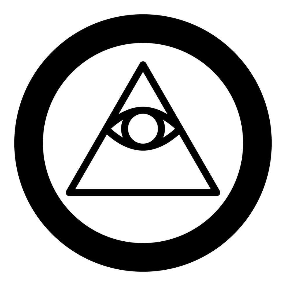 Kao Give all seeing eye in pyramid inside triangle Illuminati symbol Masonic icon in circle round black color solid outline vector