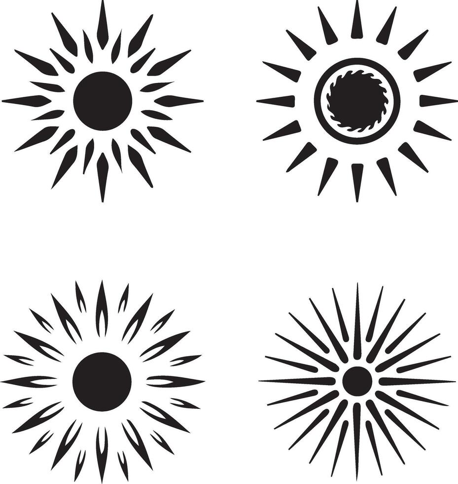 Black Sunburst Icons Set with Abstract Sun Rays. vector