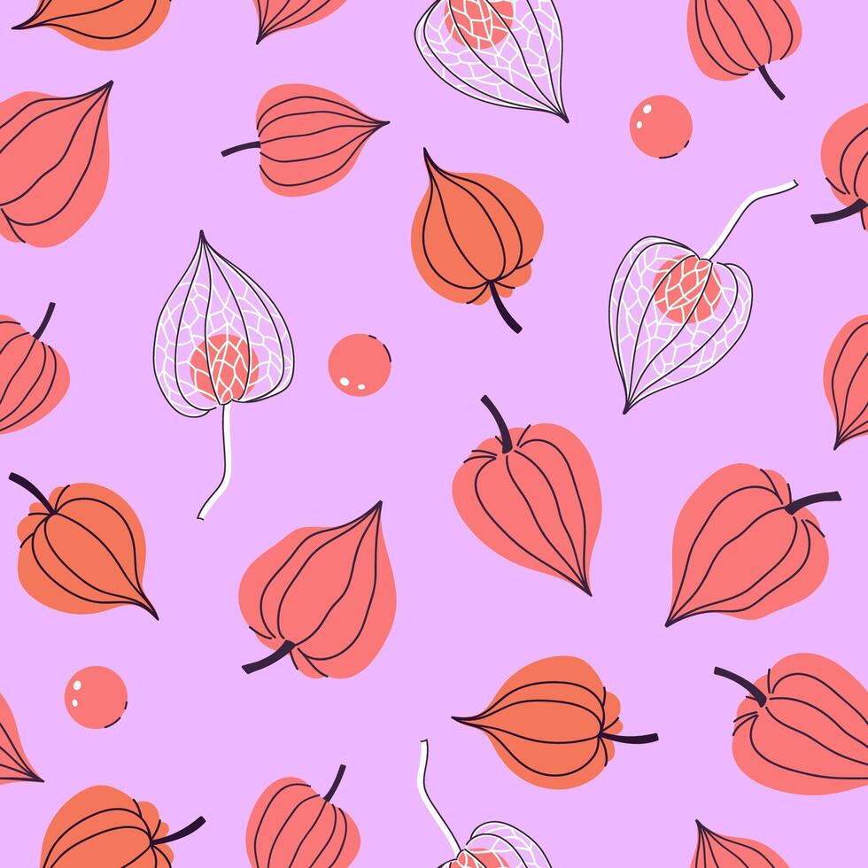 Pink seamless pattern with physalis fruits. graphics. vector