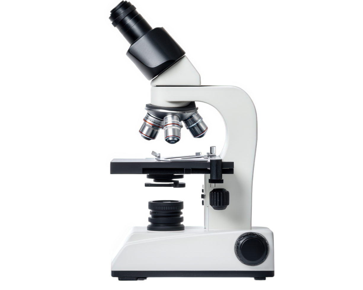 Microscope with multiple lenses and adjustable stage for scientific observation. Ideal for laboratory use, research, and educational purposes png